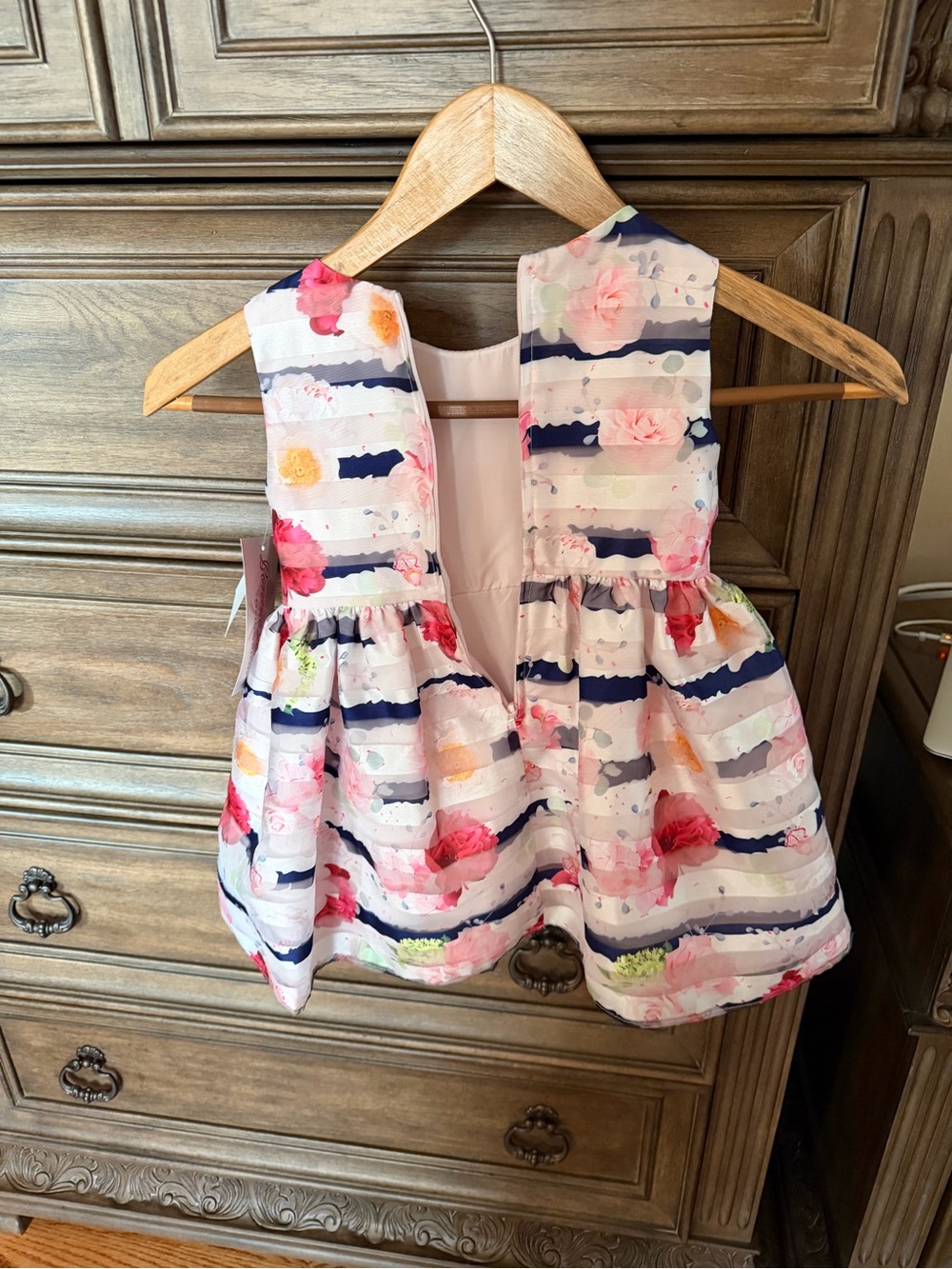 Girls Floral Stripe Sleeveless Party Dress - Pink & Navy